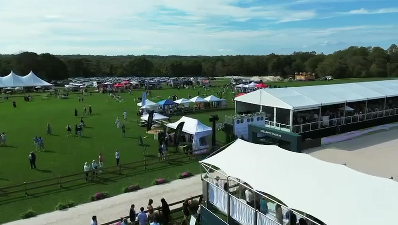 Aerial view of the vendor tents and grandstand, 2025